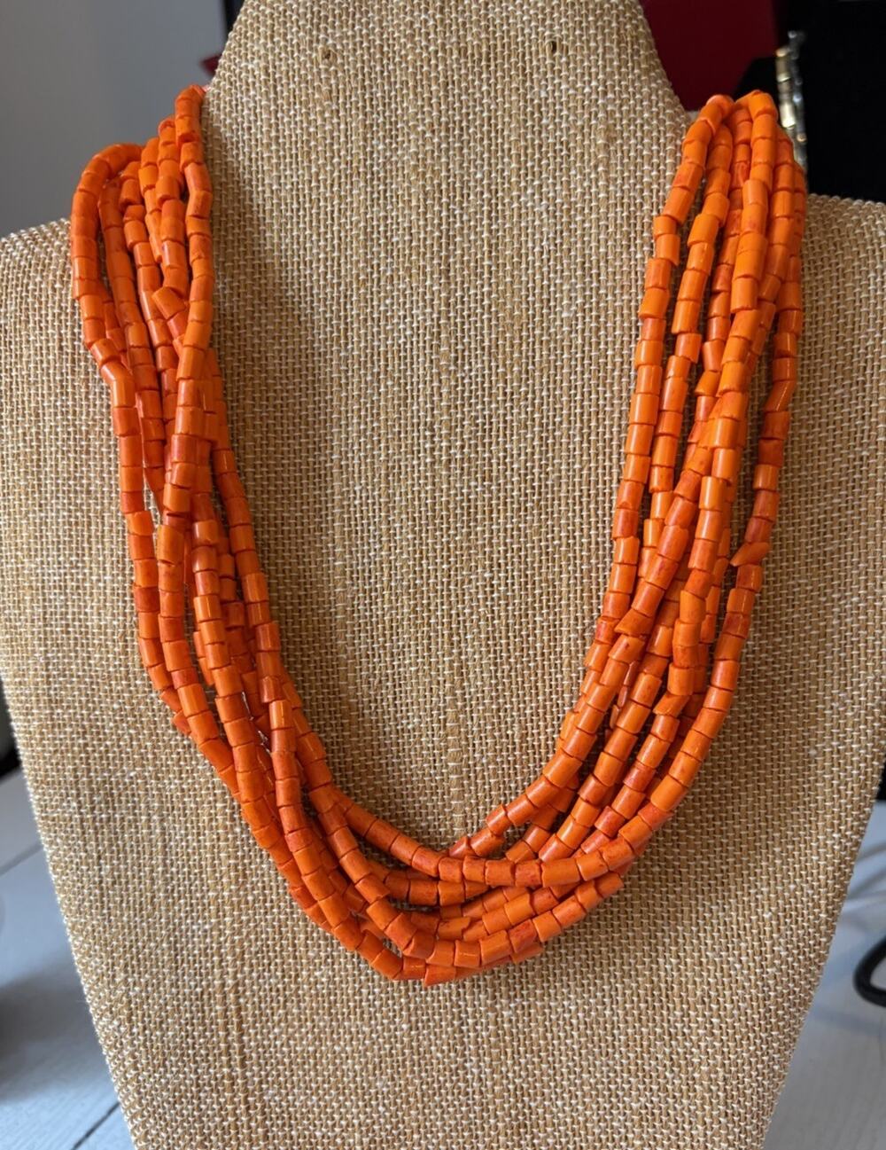 Antique Nagaland Konyak 7 Strand Orange Coral Glass Bead Necklace Boho Art Muse